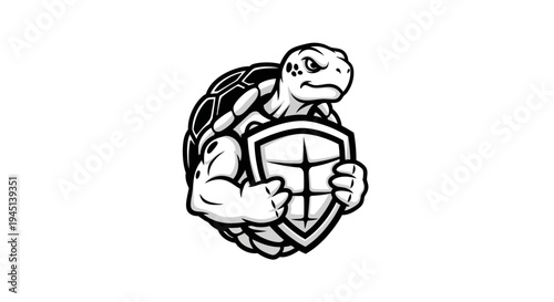 Strong Turtle Mascot with Shield - Black and White Cartoon Illustration of Protection