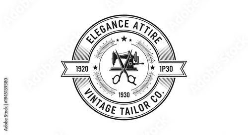 Vintage Tailor Co. Logo with Sewing Machine and Scissors, Retro Craftsmanship Emblem