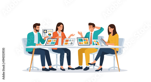 Four people sitting at a desk.