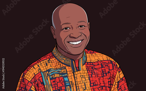A man stands and smiles while wearing bright traditional clothing that features various patterns and colors.