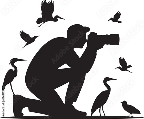 Silhouette photographer with birds camera herons