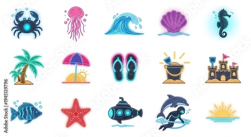 Vibrant Summer Beach Icons and Symbols.