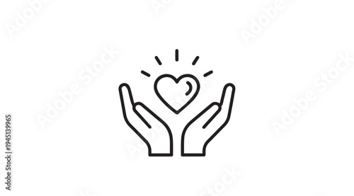 Hands Holding Heart Icon with Rays of Light Symbol of Love and Care Line Art