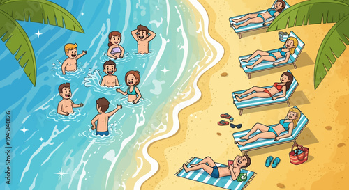 People Relaxing on Beach by Water.