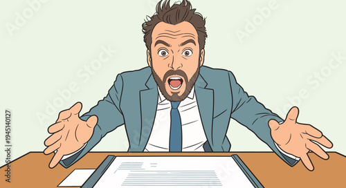 A man is expressing surprise and frustration while sitting at a table full of papers during a work meeting in an office setting.