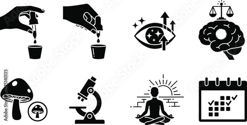 Microdosing and Nootropics Icon Set, Flat Vector Symbols for Psychedelic Research, Cognitive Enhancement, Brain Health, Laboratory Testing, and Mindful Wellness Application UI