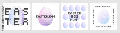 Foto Set of modern easter posters with pixel halftone eggs and retro bitmap typography