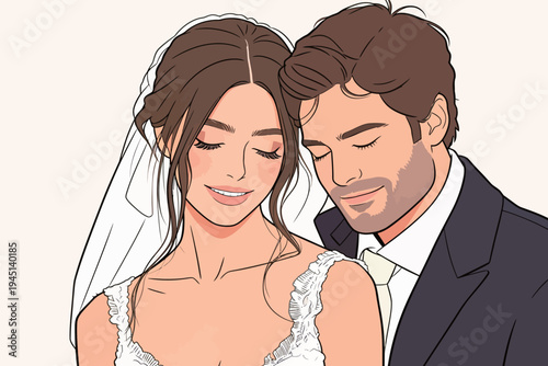 A couple smiles at each other while wearing wedding attire. They appear happy and connected in a private moment.