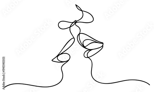 Continuous Line Kiss Gesture, Two Faces Touching Lips in Minimalist Black Line Art, Romantic Intimate Couple