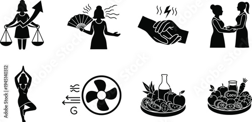 Menopause and Women's Health Icon Set, Flat Vector Symbols for Hormonal Balance, Hot Flashes, Healthy Nutrition, Yoga, and Female Wellness Support for Medical and Lifestyle Apps