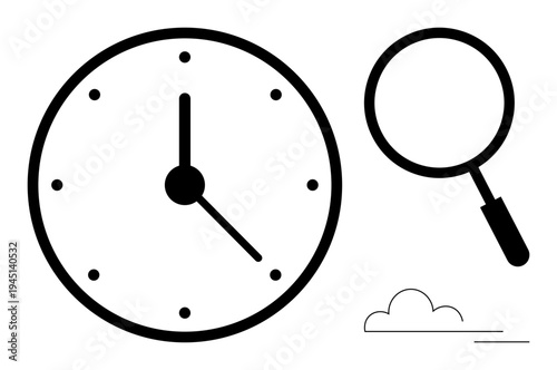 Time management. Black-and-white clock face and magnifying glass icon time accuracy and analysis. Time scheduling and in-depth observation tools. Ideal for productivity concepts, planning visuals