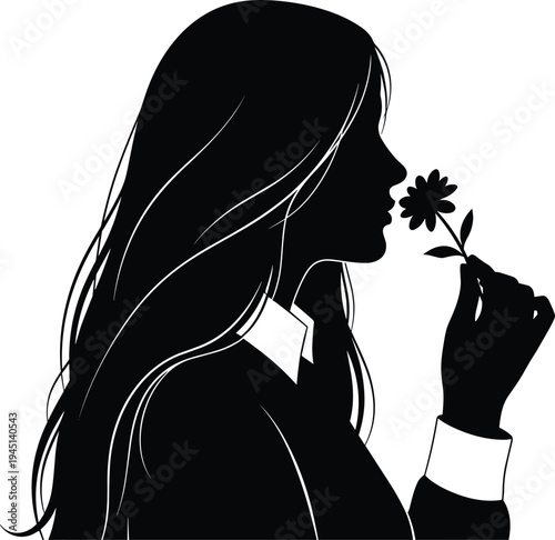 Vector illustration of silhouette showing person with long hair smelling a flower in profile view symbolizing emotion, identity, diversity, culture, tradition, inclusivity, heritage, and education