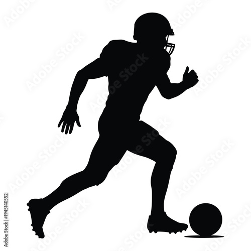 Black silhouette of american football player running with ball isolated on white background