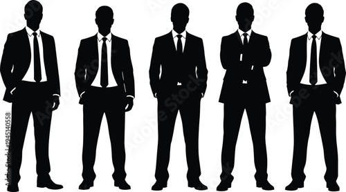 Vector illustration of silhouetted business professionals in suits standing side by side symbolizing corporate identity, professionalism, diversity