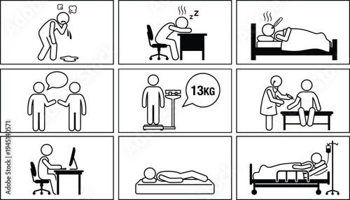Medical symptoms and healthcare process icons set, fatigue vomiting bed rest consultation weight check treatment hospital care line pictogram collection