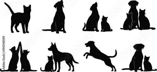 Vector illustration of silhouetted cats and dogs in diverse poses and interactions symbolizing companionship, affection, identity, diversity, culture, tradition, inclusivity, heritage, and education