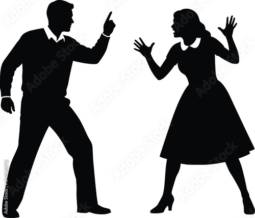 Vector illustration of silhouetted figures in confrontation with aggressive and defensive gestures symbolizing conflict, communication, identity, diversity