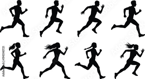 Running athletes silhouettes collection, male and female runners jogging sprinting fitness workout movement isolated black sport silhouette set for design
