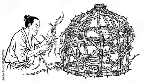 A man in traditional clothing making a large thorn cage