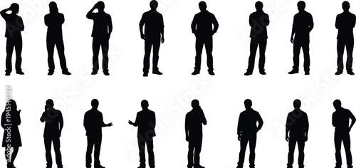 Vector illustration of silhouetted figures in diverse standing poses with crossed arms, hands on hips, and gesturing symbolizing posture