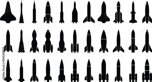Rocket and space shuttle silhouettes collection, various spacecraft launch vehicle icons set isolated on white background, aerospace technology vector illustration