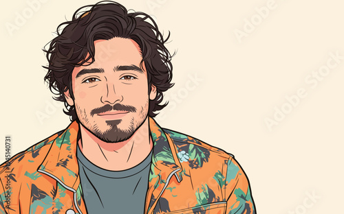 A young man with dark hair and a friendly smile is wearing a colorful shirt. He is posed against a light background.