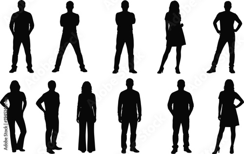 Vector illustration of silhouetted figures in diverse standing poses with crossed arms, hands on hips, and relaxed gestures symbolizing posture, identity, diversity