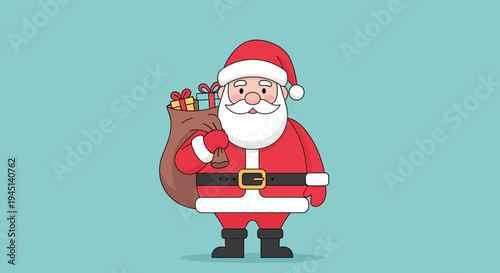 Santa Claus in red suit holding bag.