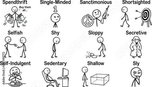 Stick figure personality traits illustration set, cartoon characters showing behaviors like selfish shy sly sloppy sedentary secretive vector collection