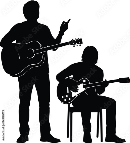 Vector illustration of silhouetted figures playing acoustic and electric guitars including standing and seated poses symbolizing music, performance, identity, diversity