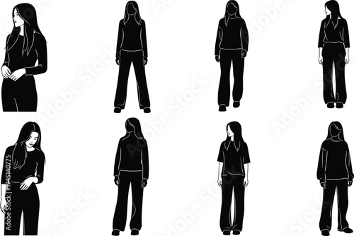 Vector illustration of silhouetted figures in diverse standing poses with long hair, pants, and tops symbolizing posture, identity, diversity, culture, tradition, inclusivity, heritage, and education