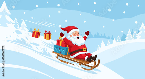 Santa Claus Riding Sled Down Hill.