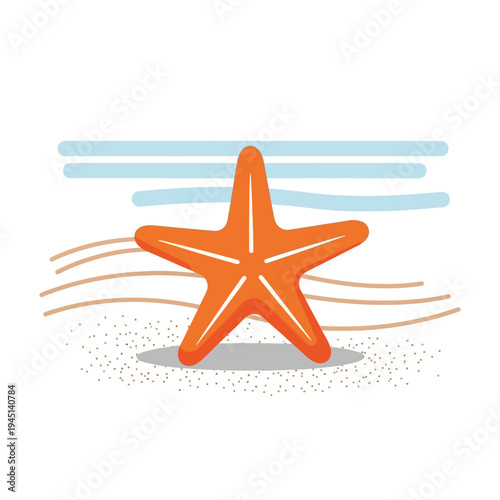 Orange starfish on a sandy beach with gentle waves and blue sky, summer vacation concept.
