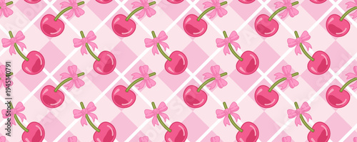 Cherry with bow and heart valentine pattern retro and pink cute vector. Argyle artwork seamless pattern with print illustration trendy chic wallpaper. Coquette cherry with ribbon background.