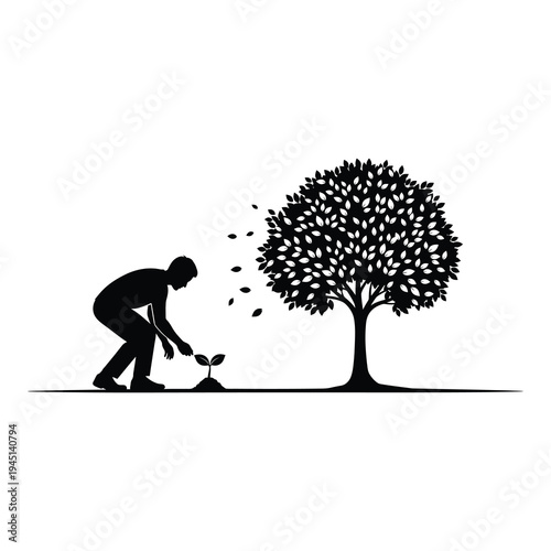 Man planting a tree with leaves blowing away isolated on white background