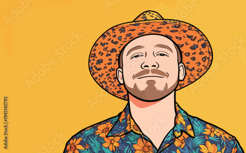 A man smiles while wearing a colorful floral shirt and a hat with a pattern. The bright yellow background adds a fun vibe.