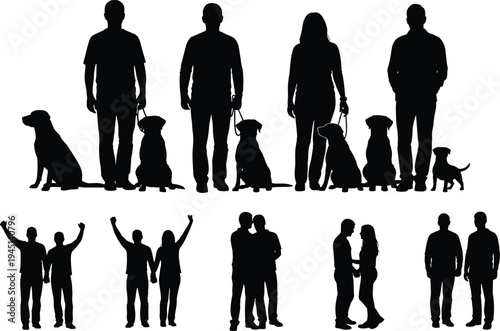 Vector illustration of silhouetted figures with dogs and human pairs showing companionship, affection, communication, identity, diversity, culture, tradition, inclusivity, heritage, and education
