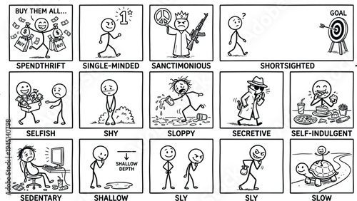 Stick figure human personality traits set, cartoon characters illustrating behaviors like selfish shy sly slow sloppy secretive vector illustration collectionStick figure human personality traits set,