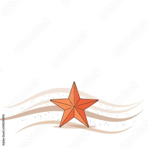 Orange starfish on sandy beach with gentle waves and scattered shells