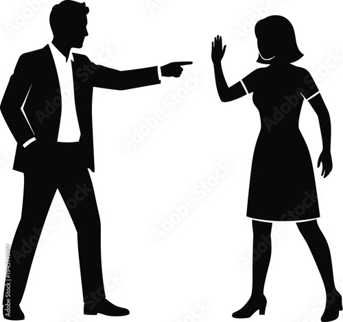 Vector illustration of silhouetted people in confrontation with pointing and rejecting gestures symbolizing communication, conflict, identity, diversity, culture, tradition