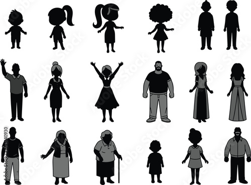 Vector illustration of silhouetted people in diverse poses representing children, adults, and elderly symbolizing human diversity, identity, culture, tradition, inclusivity, heritage, and education