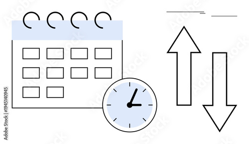 Calendar grid with clock denoting time, upward and downward arrows symbolizing priority, direction, and flow. Ideal for time management, scheduling, decisions, tasks, workflow organization