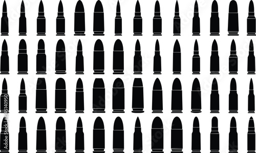 Black bullet and ammunition cartridge silhouettes collection, various caliber firearm ammo icons set isolated on white background, military weapon vector
