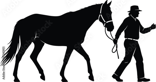 Vector illustration of silhouetted person leading a horse with rope symbolizing equestrian lifestyle, rural identity, diversity, culture, tradition, inclusivity, heritage, and education