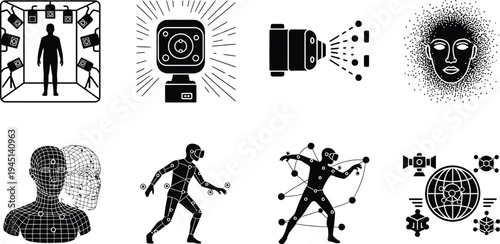 Motion Capture and 3D Scanning Icon Set, Flat Vector Symbols for Photogrammetry, Facial Recognition, Body Tracking, Metaverse Avatars, and CGI Animation Production Technology