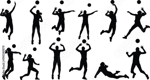 Vector illustration of silhouetted volleyball players in dynamic action poses with ball symbolizing sports, teamwork, identity, diversity, culture, tradition, inclusivity, heritage, and education