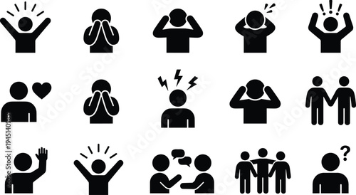 Black human emotion icons set depicting joy sadness stress headache communication support friendship questioning gestures minimal silhouette pictogram collection for UI design