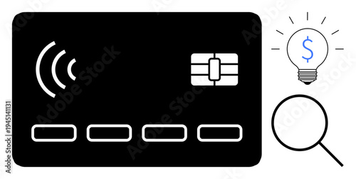 Financial technology, contactless payments, online shopping, innovation, cashless transactions, digital commerce. Credit card with NFC icon, lightbulb magnifying glass. Financial technology