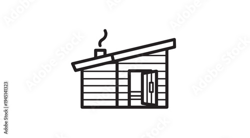 Log Cabin Sauna with Smoke from Chimney Open Door Minimalist Line Drawing