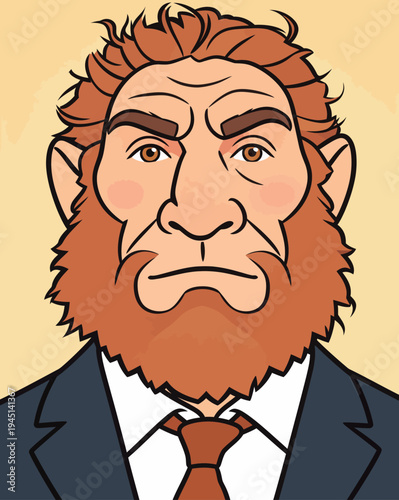 A man with a red beard and formal attire looks straight ahead with a serious expression. His hair is wild and unkempt while he wears a tie.